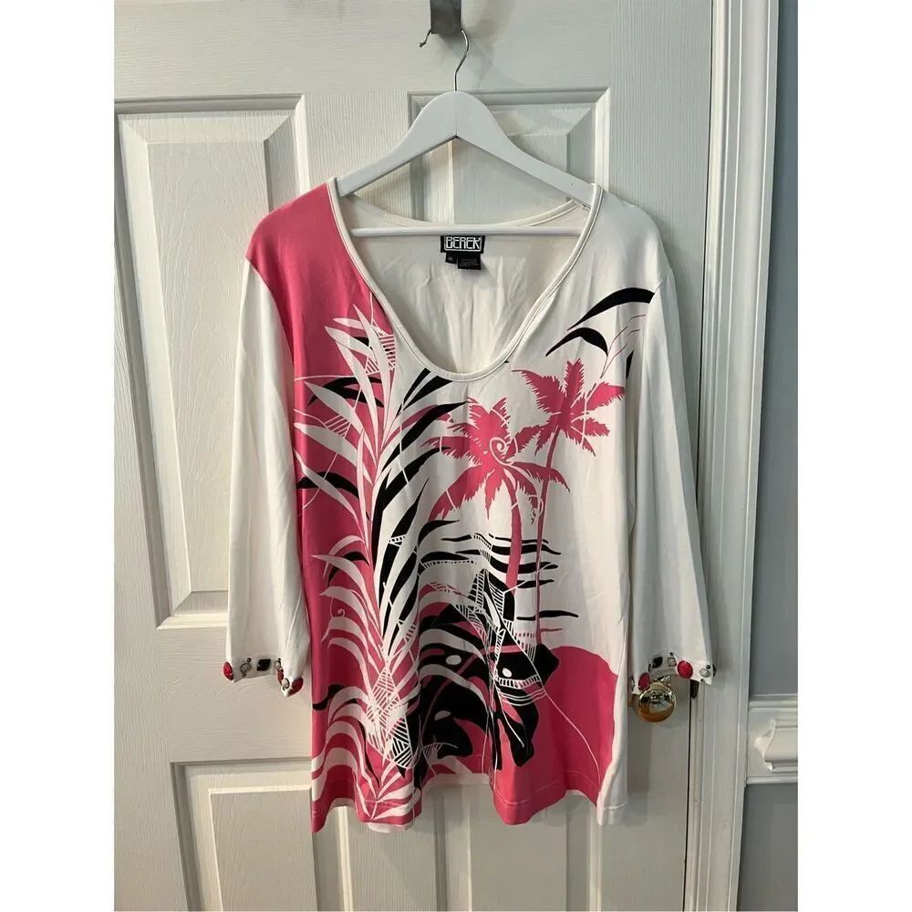 Berek 2 White Pink Black Palm Tree Scoop Neck Jewel Trimmed Long Sleeve T-Shirt